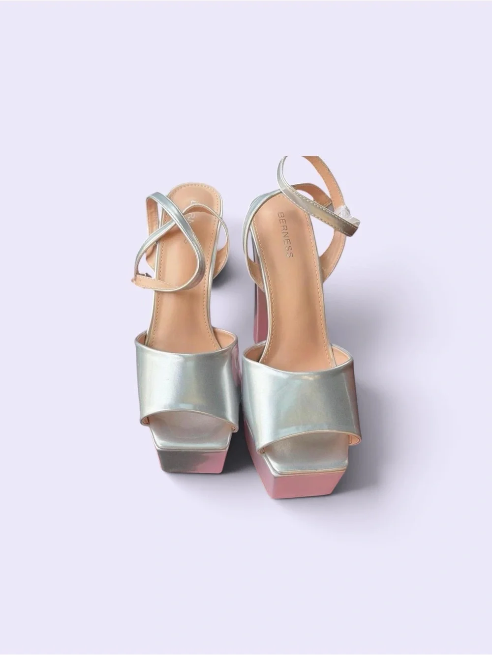 Iridescent Pink Platform Heels with Ankle Strap